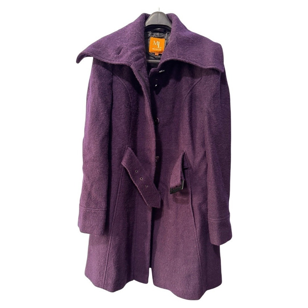Melanie Lyne Purple Wool Blend‎ Funnel Neck Belted Coat Jacket Women